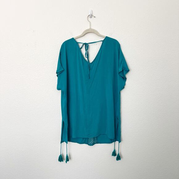 [Aimage] Teal V-Neck Crochet Lace Tasseled Side Slits Swim Coverup Sz Medium M - Picture 4 of 12